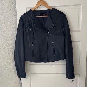 Leather Bomber Jacket  - Navy Blue